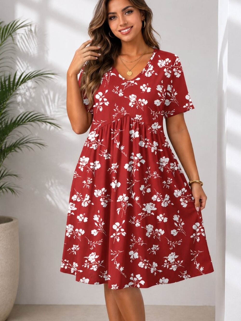 Women Floral V Neck Short Sleeve Midi Dress w/ Pockets, Size L, Red-White-Floral